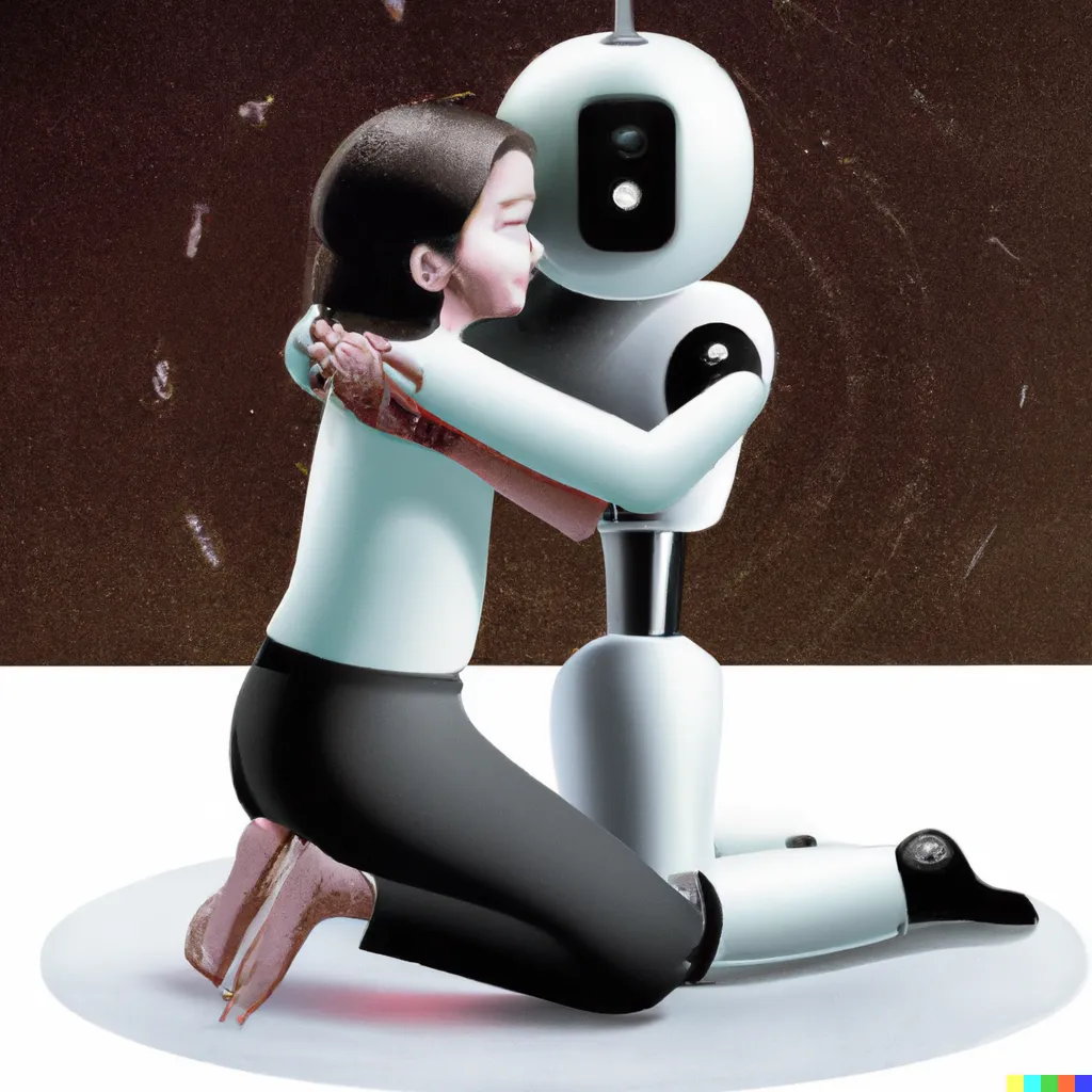 An illustration of a young girl on her knees embracing a standing robot as they both extend their arms in a hug, depicting an emotional connection between human and technology. by DALL-E