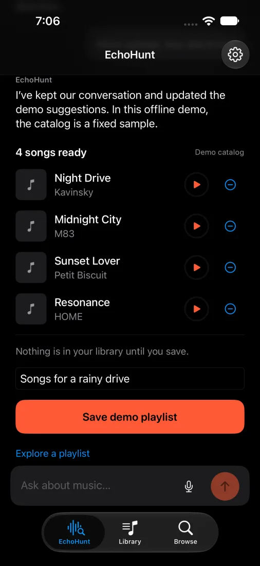 EchoHunt's chat suggesting four songs with a button to save them as a playlist