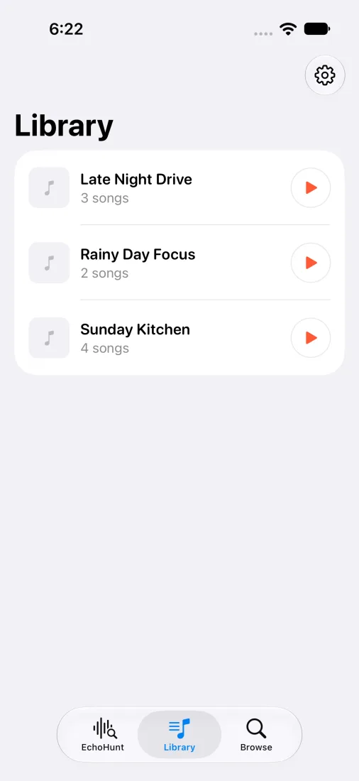 EchoHunt's library listing saved playlists