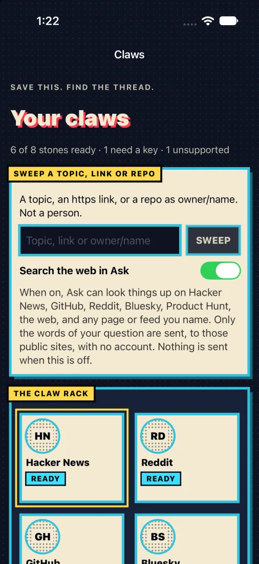 Feedloom in its comic skin showing the Claws screen