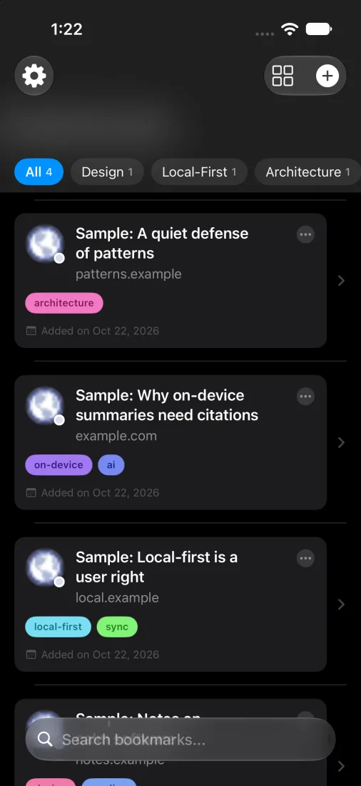 Feedloom's library in the default skin, dark