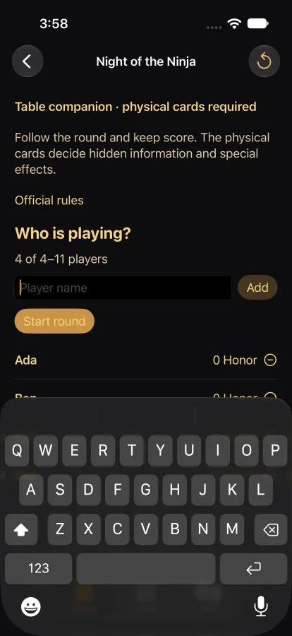 Night of the Ninja companion with four players listed and their honor
