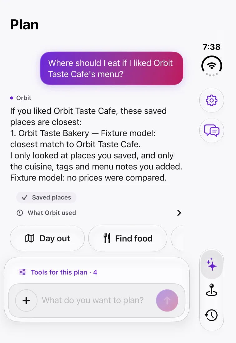 Orbits answering which saved place is closest to one the user liked, listing nearby saved places