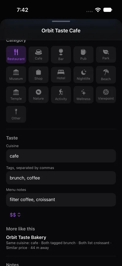Orbits place screen for Orbit Taste Cafe with category, taste fields and a More like this list