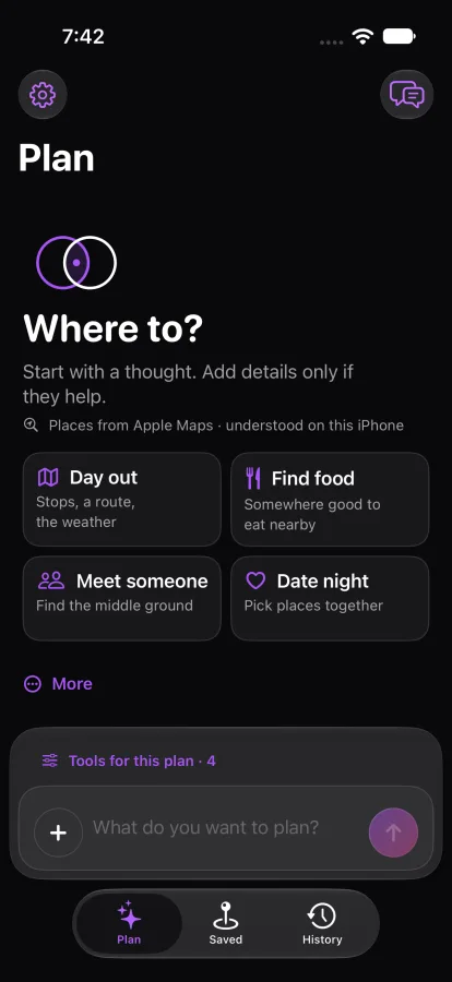 Orbits Plan screen asking Where to? with starters for a day out, finding food, meeting someone and a date night