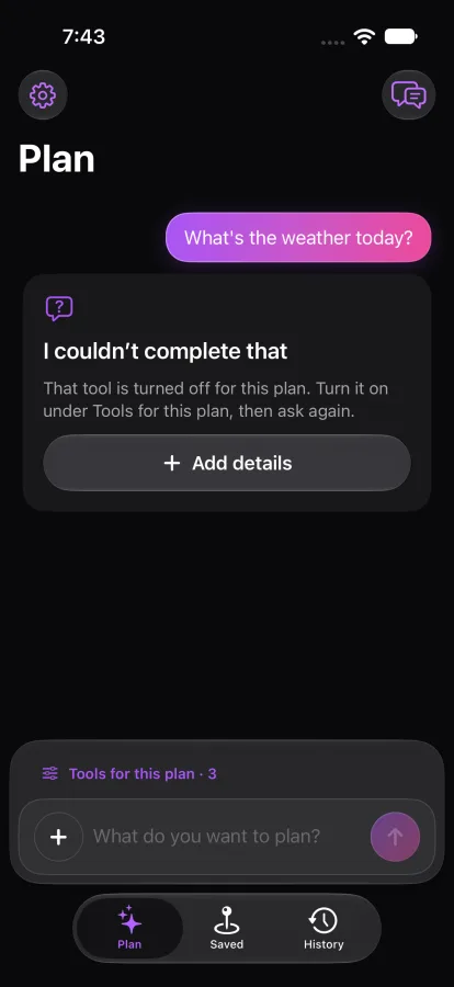 Orbits replying that it could not complete a weather question because that tool is turned off