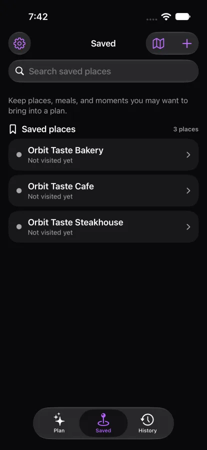 Orbits Saved tab listing three saved places with a search box