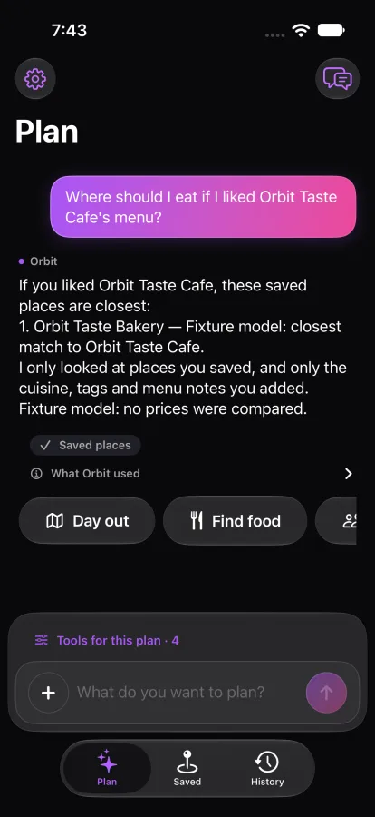 Orbits answering which saved place is closest to one the person liked, with a row showing what it used