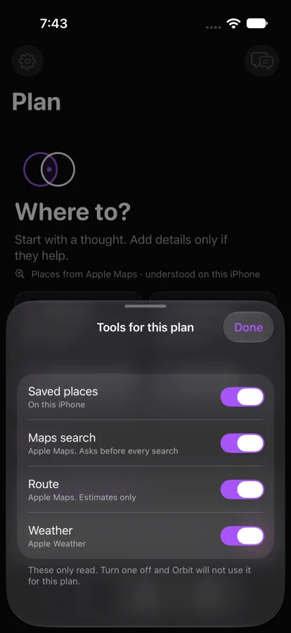 Orbits Tools for this plan sheet with saved places, maps search, route and weather all switched on