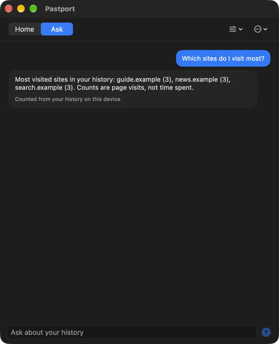 Pastport on macOS answering which sites were visited most, in dark mode