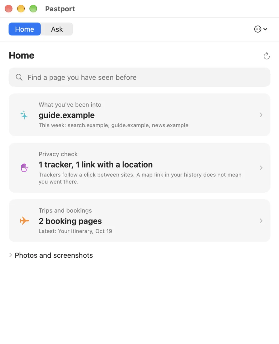 Pastport on macOS showing what you have been into this week, a privacy check and booking pages