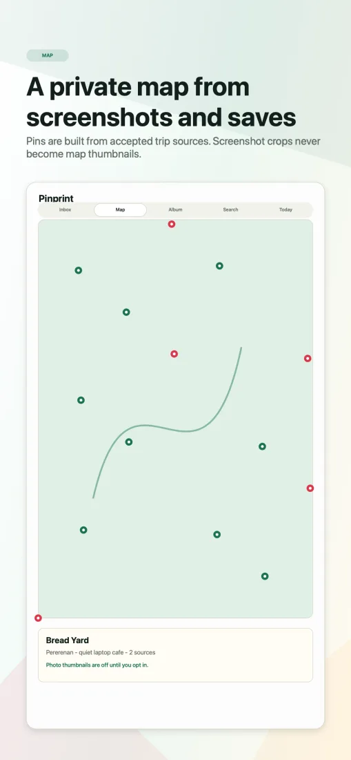 Pinprint App Store screenshot: A private map from screenshots and saves