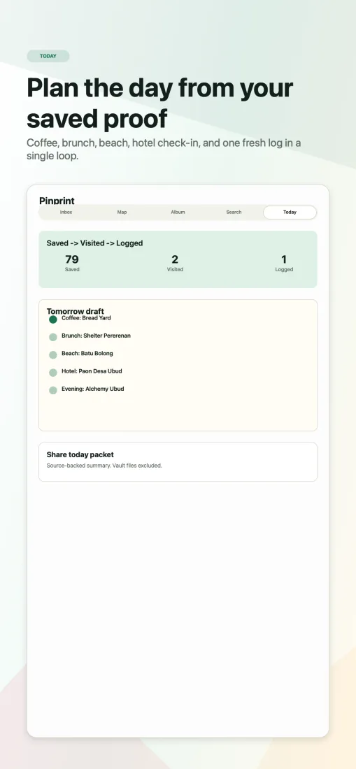 Pinprint App Store screenshot: Plan the day from your saved proof