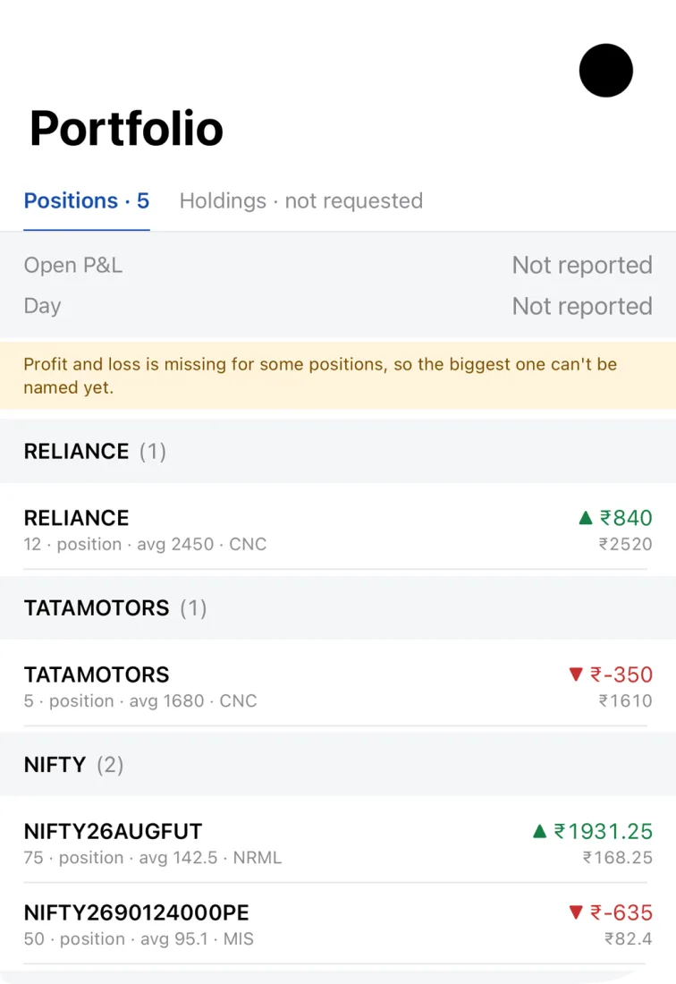 Xcode preview of Glint's portfolio screen with sample positions