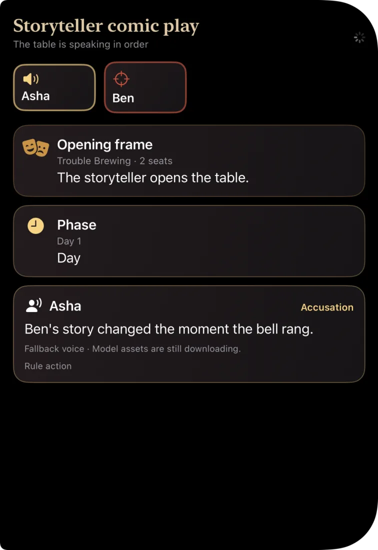 Xcode preview of ClocktowerTable's storyteller comic play screen in dark mode