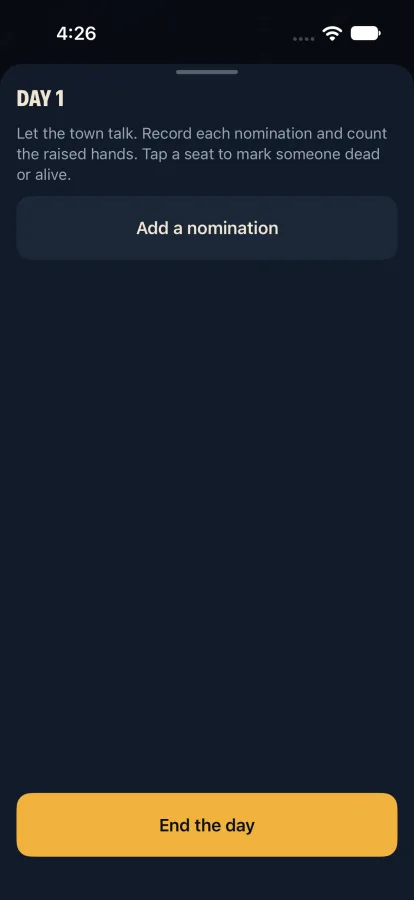 Day 1 screen with an Add a nomination button