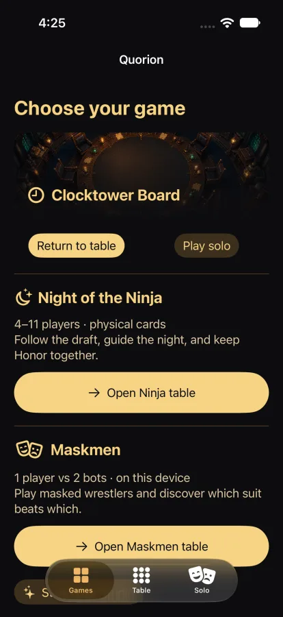The Quorion game hub listing a clocktower board, Night of the Ninja and Maskmen
