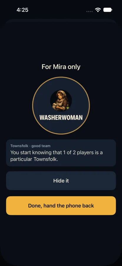A reveal screen for one player with a Hide it button and a hand-the-phone-back button