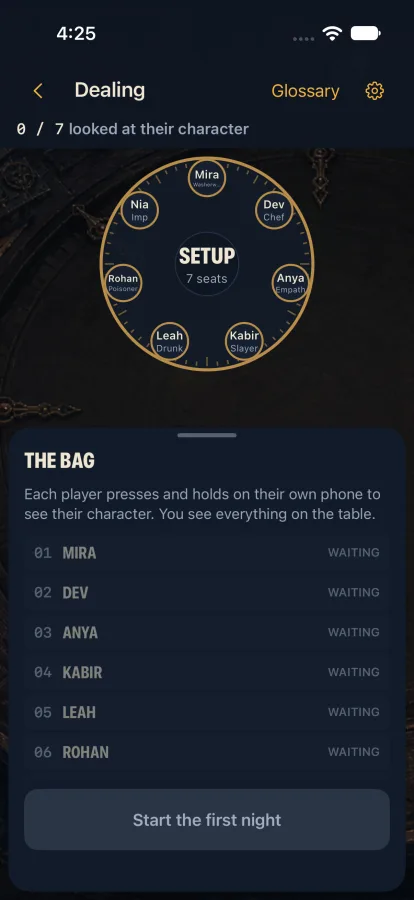Dealing screen with seven seats around a circle and a list of players waiting to look at their character