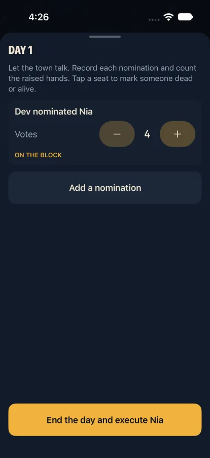 A nomination with a vote counter and an on the block label